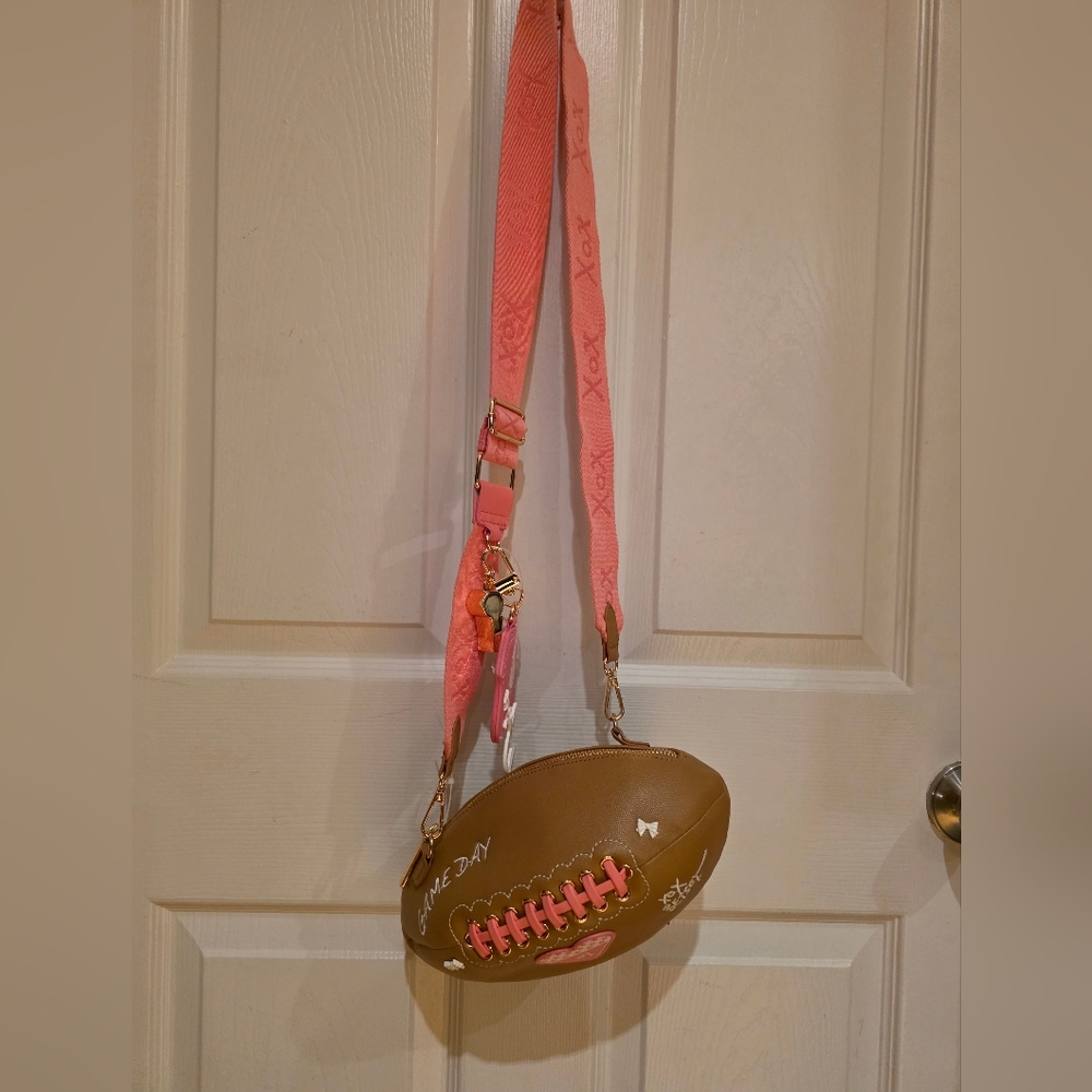 BETSY JOHNSON Football Gameday Crossbody Bag Purse W Pink Strap
